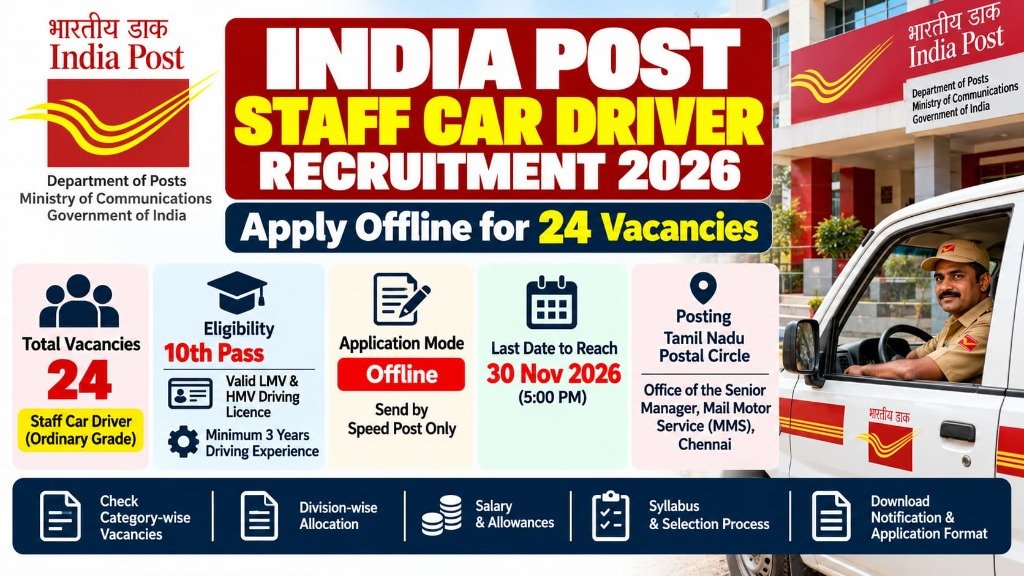 India Post Staff Car Driver Recruitment 2026: Apply Offline for 24 Vacancies - Official Recruitment Notification Banner