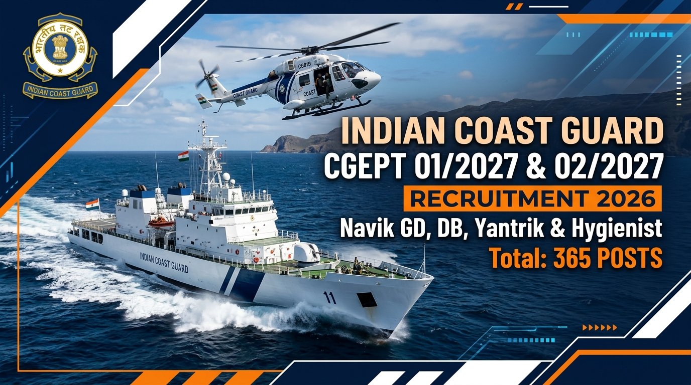Indian Coast Guard CGEPT Recruitment 2026: Notification Out for 365 Navik GD, DB, Yantrik & Hygienist Posts, Check Eligibility & Apply Online - Official Recruitment Notification Banner
