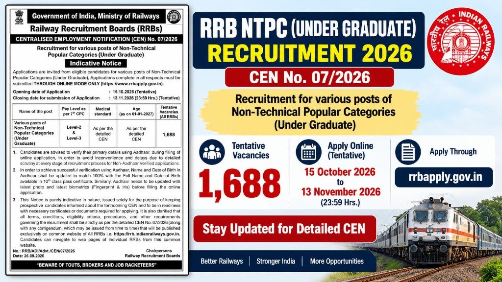 RRB NTPC Undergraduate Recruitment 2026: Apply Online for 1,688 Posts, Check Eligibility, Dates and Selection Process - Official Recruitment Notification Banner